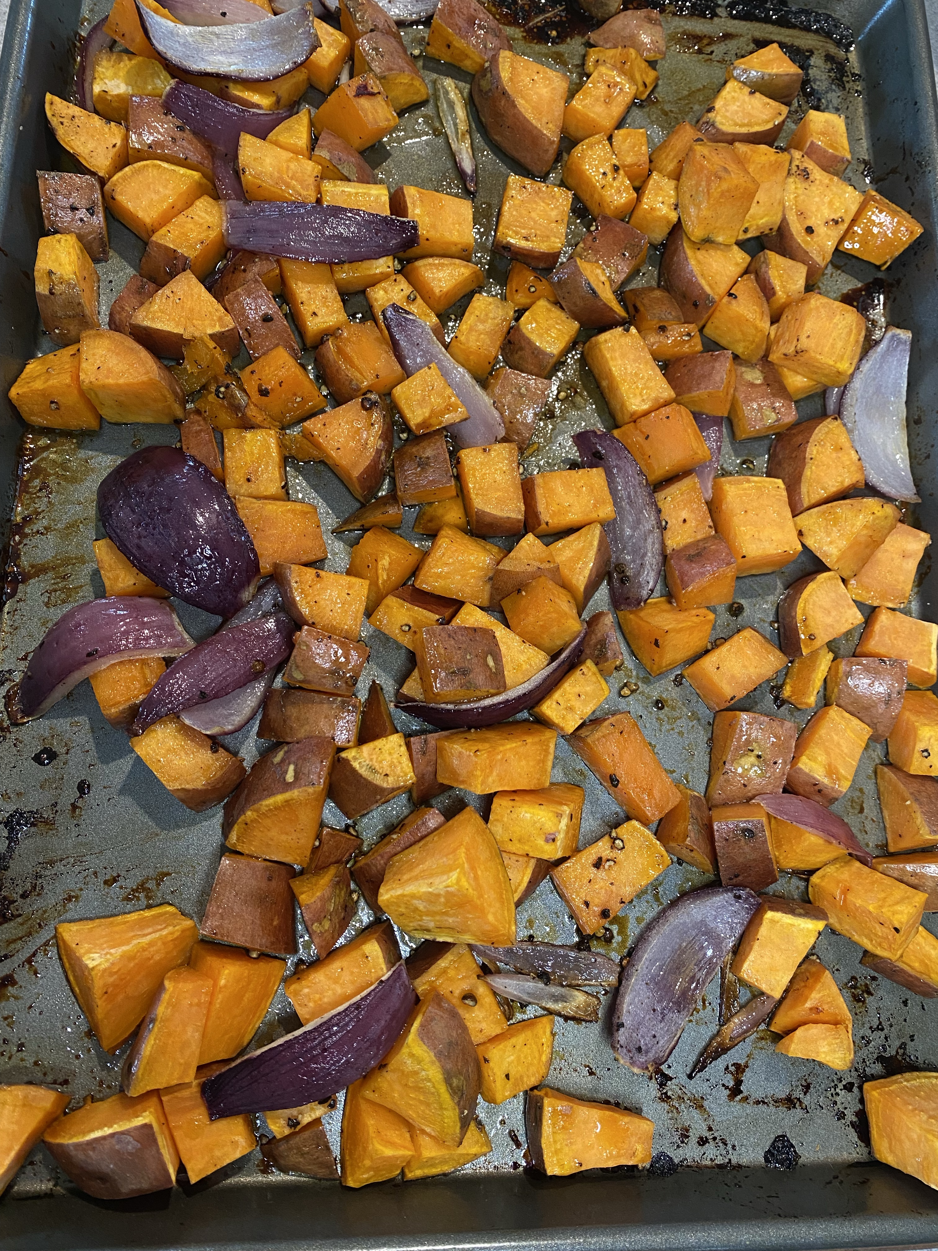 roasted sweet potatoes and red onions