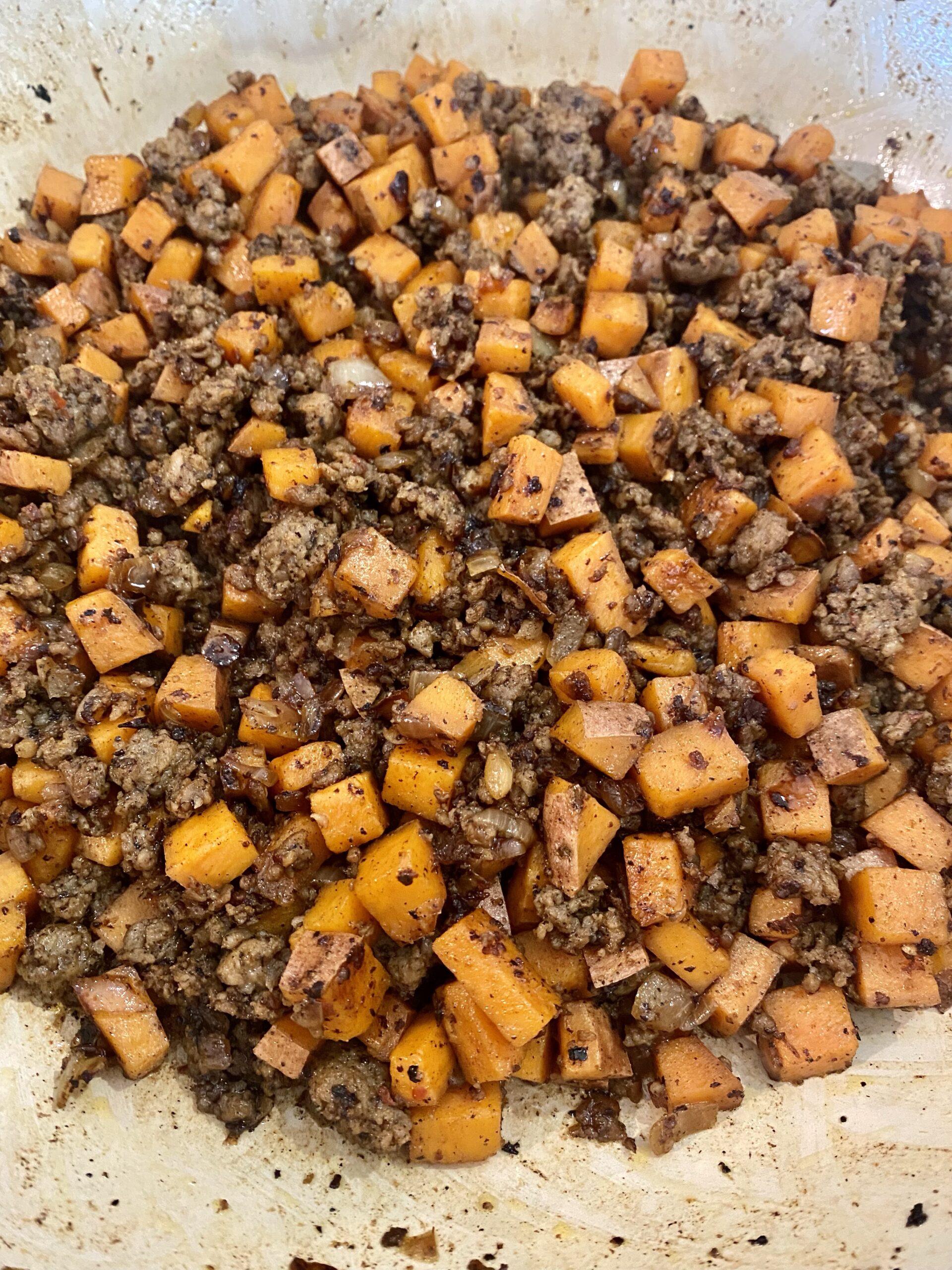 rustic sweet potato an sausage hash