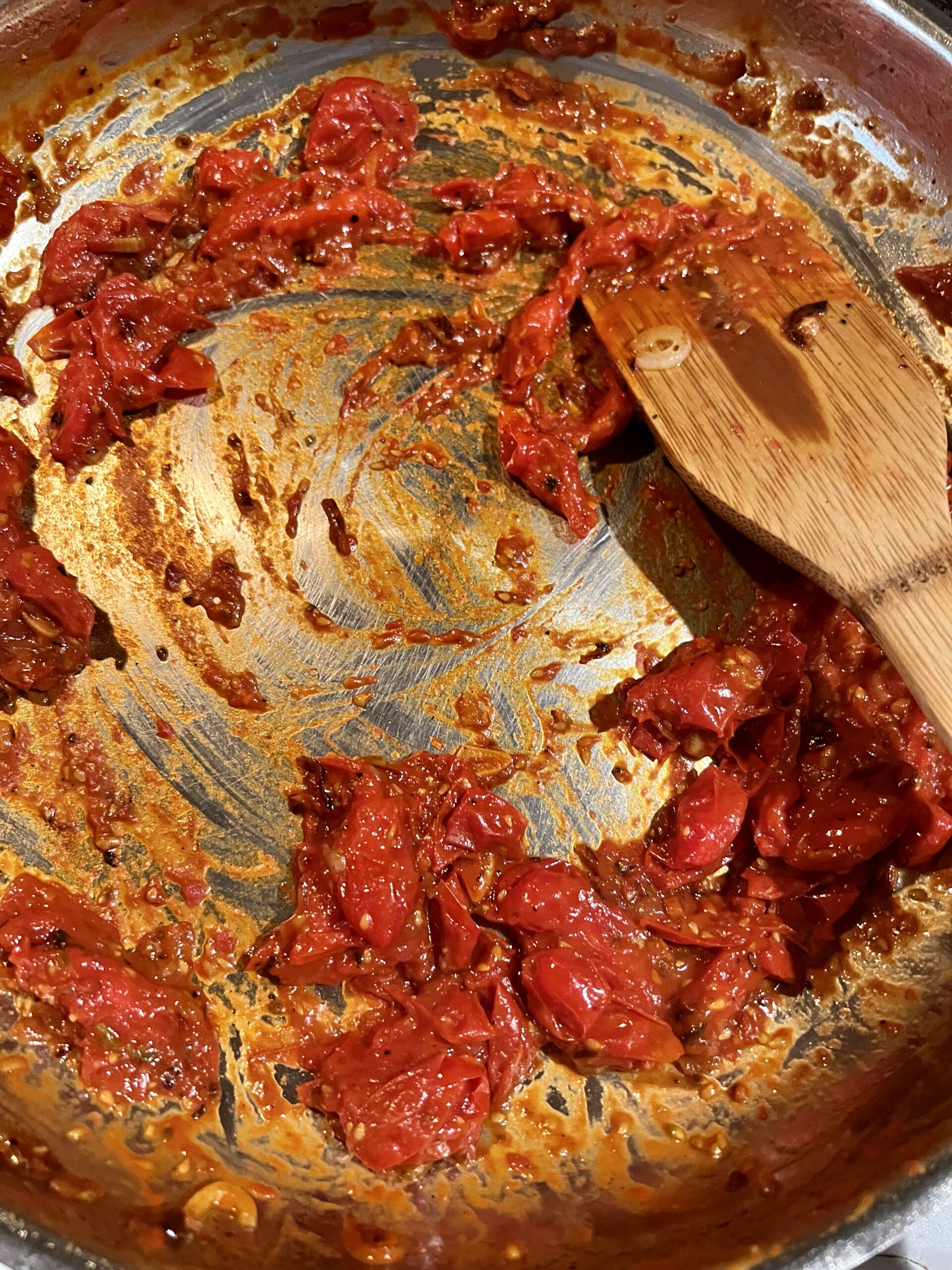 Tomato mixture before the starchy pasta water is added.